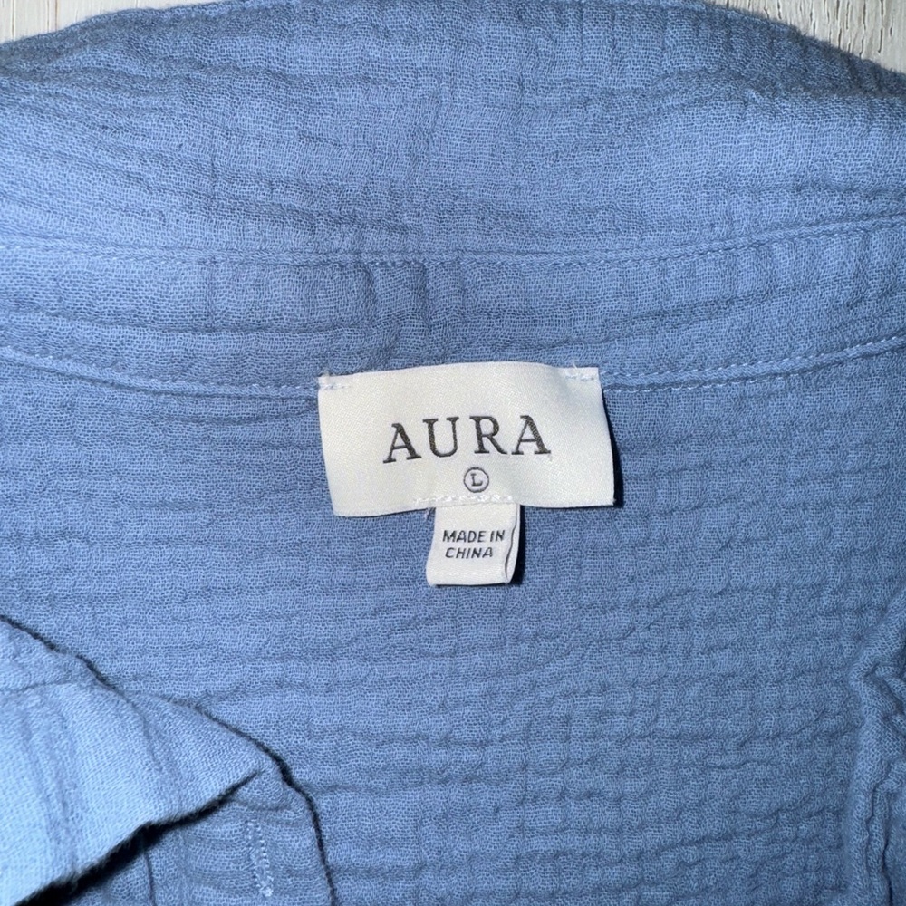 AURA linen tiered blue cotton button down mini dress size large - Picture 8 of 9